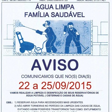 Limpeza das caixas d´água e das cisternas ocorre de 22 a 25 de setembro