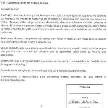 Carta da ASSAPE à Subprefeitura da Barra sobre cachorros soltos na Península