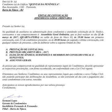 Edital de convocação para Assembleia Geral Ordinária do Quintas da Península